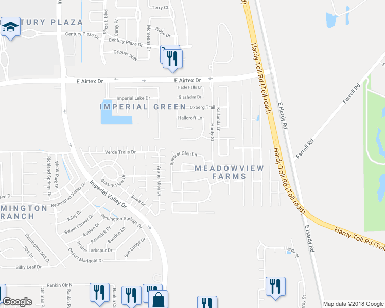 map of restaurants, bars, coffee shops, grocery stores, and more near 1506 Spencer Glen Lane in Houston