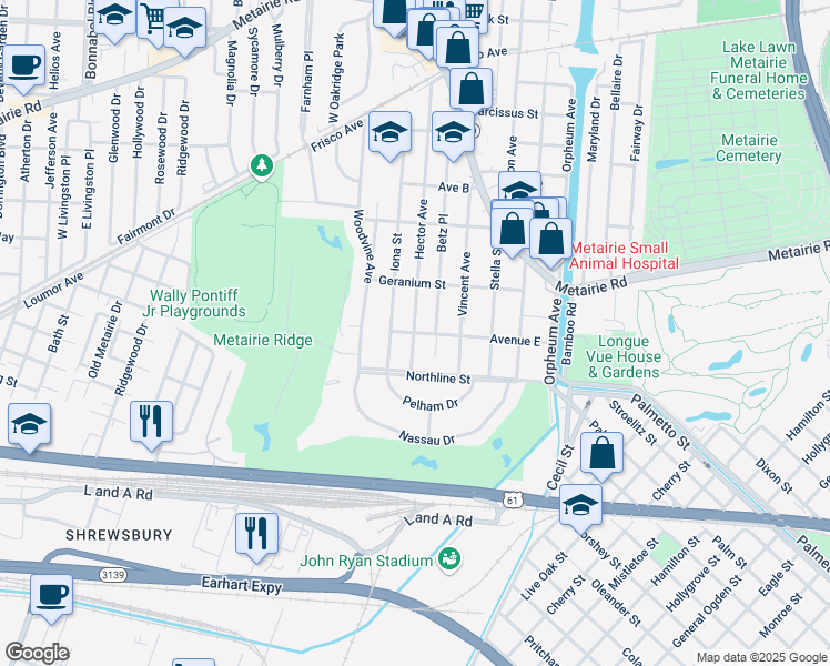 map of restaurants, bars, coffee shops, grocery stores, and more near 601 Hector Avenue in Metairie