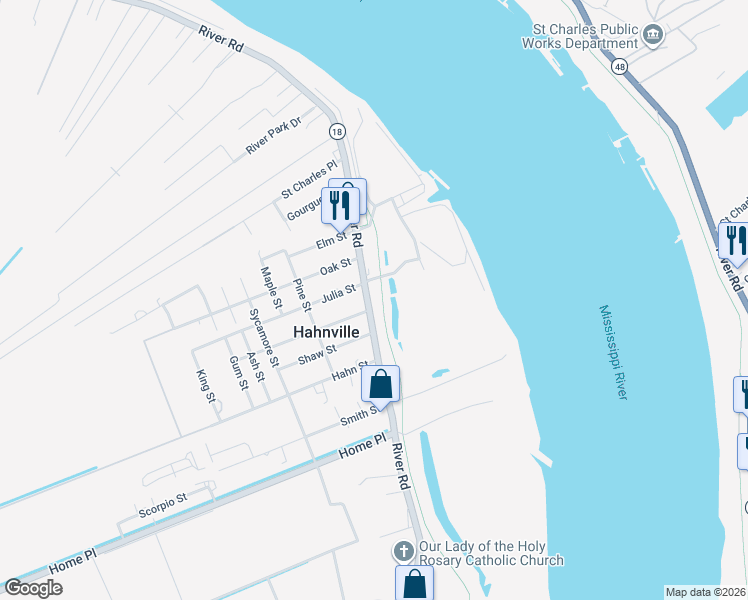 map of restaurants, bars, coffee shops, grocery stores, and more near 15570 River Road in Hahnville