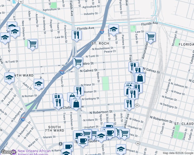 map of restaurants, bars, coffee shops, grocery stores, and more near 1922 Spain Street in New Orleans