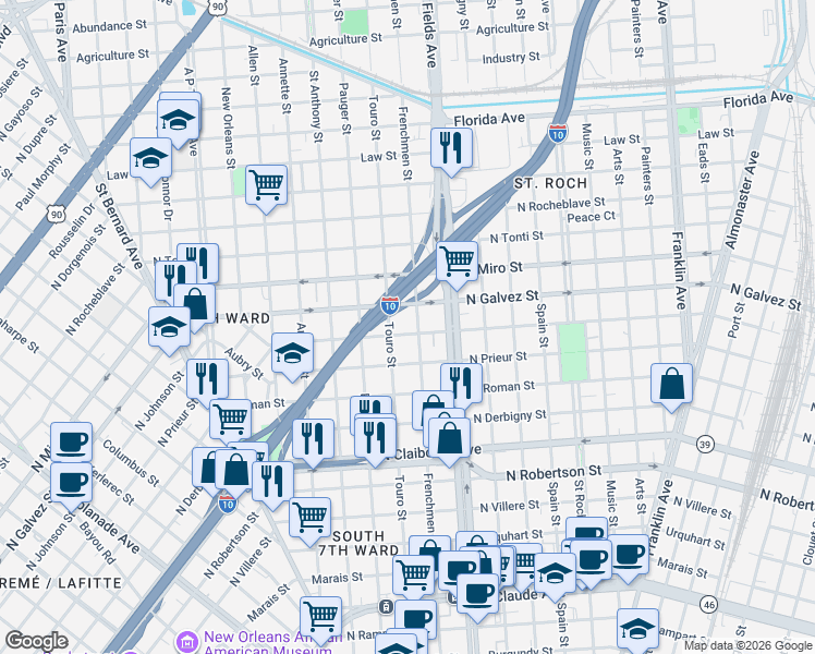 map of restaurants, bars, coffee shops, grocery stores, and more near 2003 Touro Street in New Orleans