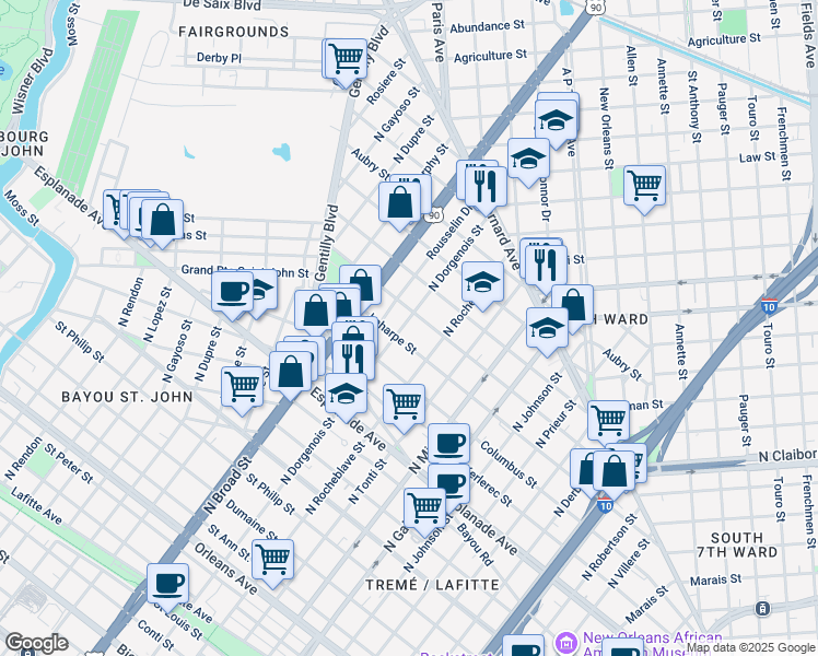 map of restaurants, bars, coffee shops, grocery stores, and more near 2422 Lapeyrouse Street in New Orleans