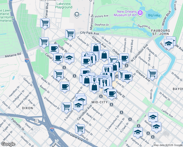 map of restaurants, bars, coffee shops, grocery stores, and more near 4238 Bienville Street in New Orleans
