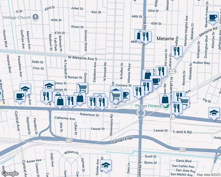 map of restaurants, bars, coffee shops, grocery stores, and more near 400 Severn Avenue in Metairie