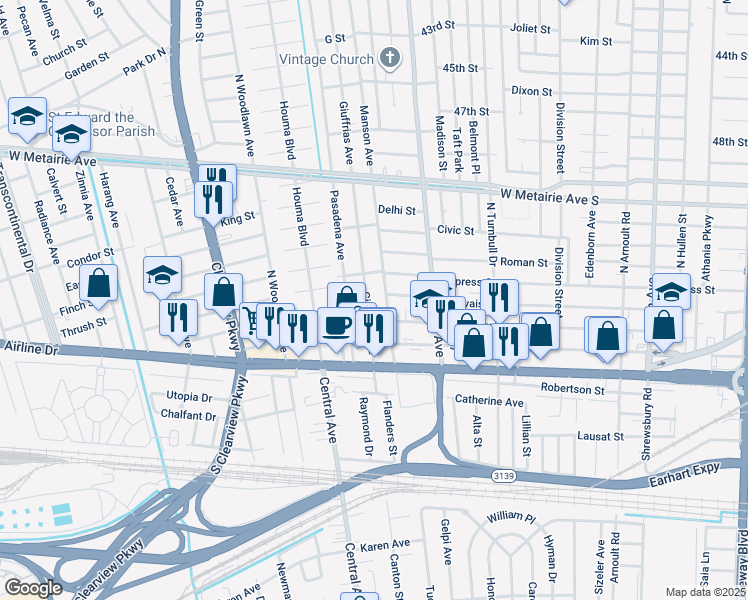 map of restaurants, bars, coffee shops, grocery stores, and more near 309 Giuffrias Avenue in Metairie