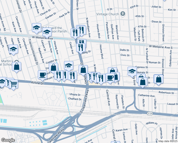 map of restaurants, bars, coffee shops, grocery stores, and more near 301 Clearview Parkway in Metairie