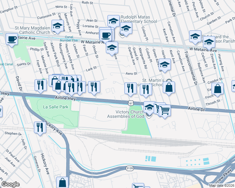 map of restaurants, bars, coffee shops, grocery stores, and more near 6005 Airline Drive in Metairie