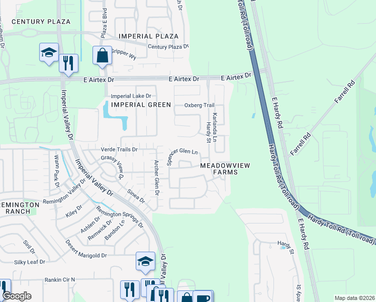 map of restaurants, bars, coffee shops, grocery stores, and more near Spencer Glen Lane in Houston