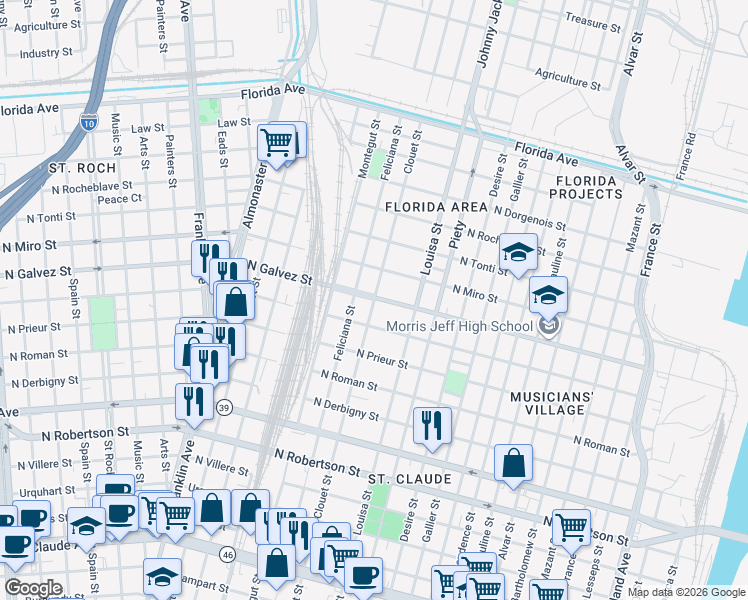 map of restaurants, bars, coffee shops, grocery stores, and more near North Galvez Street in New Orleans