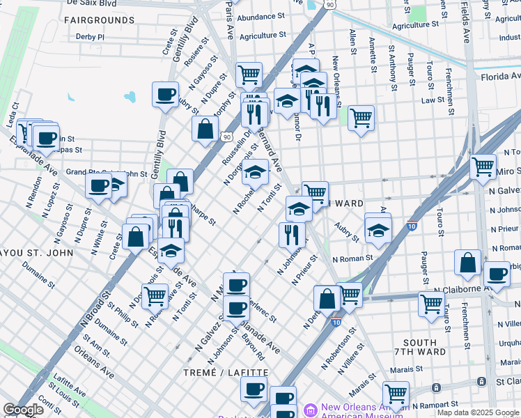 map of restaurants, bars, coffee shops, grocery stores, and more near 1651 North Tonti Street in New Orleans