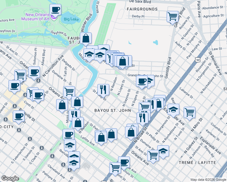 map of restaurants, bars, coffee shops, grocery stores, and more near 3128 Ursulines Avenue in New Orleans