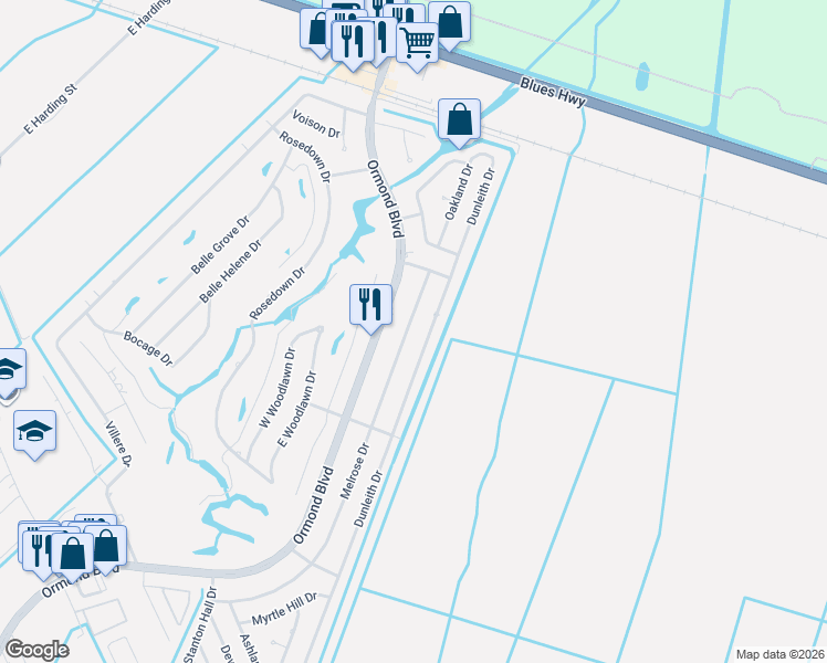 map of restaurants, bars, coffee shops, grocery stores, and more near 121 Melrose Drive in Destrehan