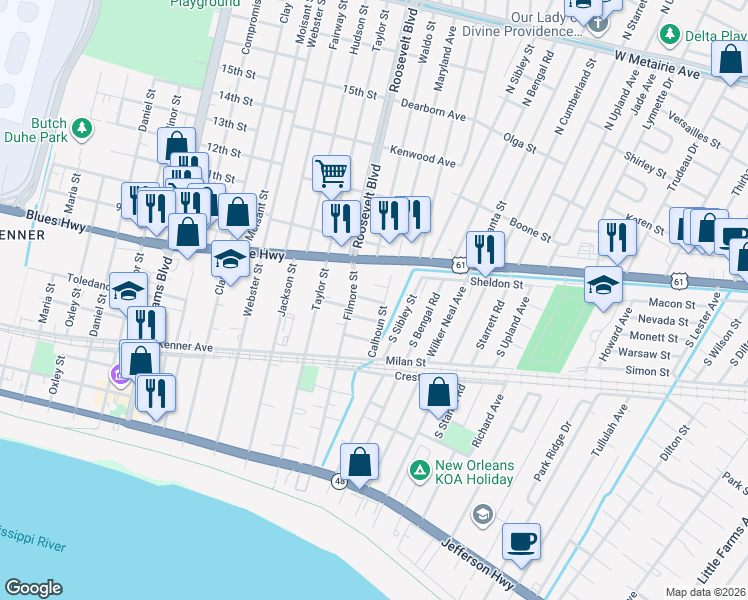 map of restaurants, bars, coffee shops, grocery stores, and more near 805 Calhoun Street in Kenner