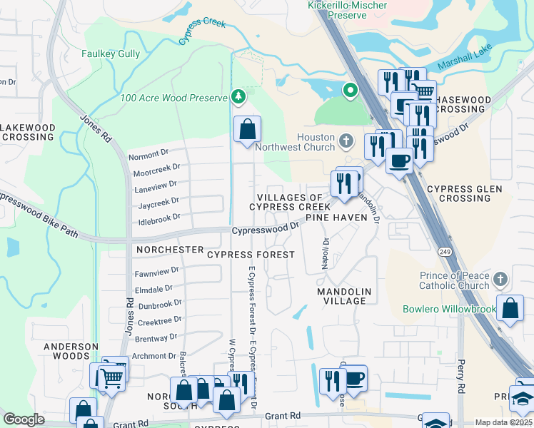 map of restaurants, bars, coffee shops, grocery stores, and more near 10921 East Cypress Forest Drive in Houston