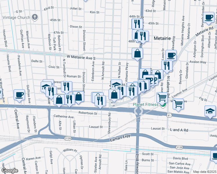 map of restaurants, bars, coffee shops, grocery stores, and more near 400 Severn Avenue in Metairie