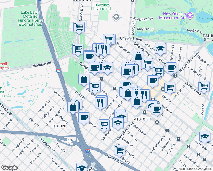 map of restaurants, bars, coffee shops, grocery stores, and more near 4540 Canal Street in New Orleans