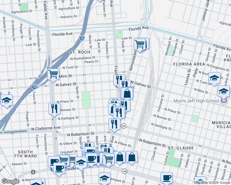 map of restaurants, bars, coffee shops, grocery stores, and more near 1911 Franklin Avenue in New Orleans