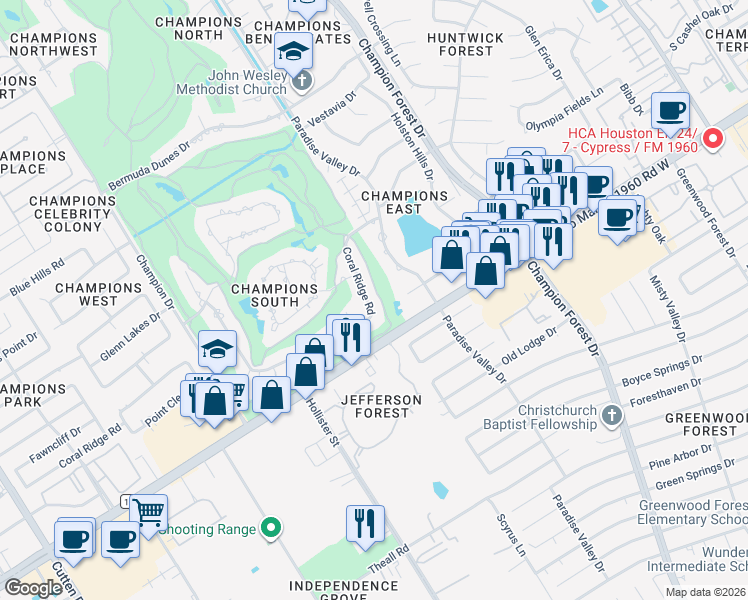 map of restaurants, bars, coffee shops, grocery stores, and more near 6031 Coral Ridge Road in Houston