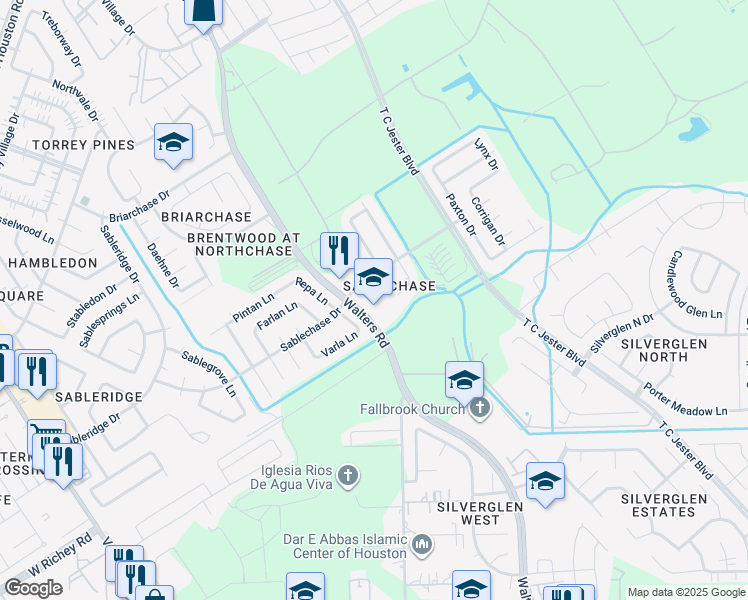 map of restaurants, bars, coffee shops, grocery stores, and more near 13606 Walters Road in Houston