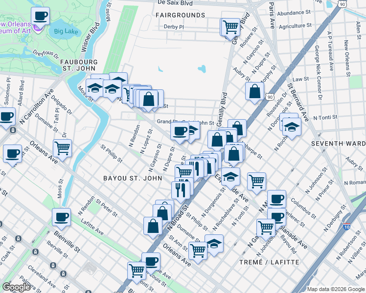 map of restaurants, bars, coffee shops, grocery stores, and more near 2798 Desoto St in New Orleans