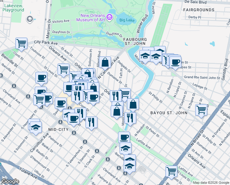 map of restaurants, bars, coffee shops, grocery stores, and more near 3700 Orleans Avenue in New Orleans