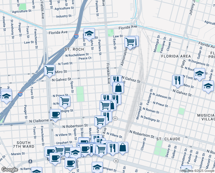 map of restaurants, bars, coffee shops, grocery stores, and more near 1911 Franklin Avenue in New Orleans