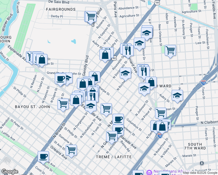 map of restaurants, bars, coffee shops, grocery stores, and more near 2422 Lapeyrouse Street in New Orleans