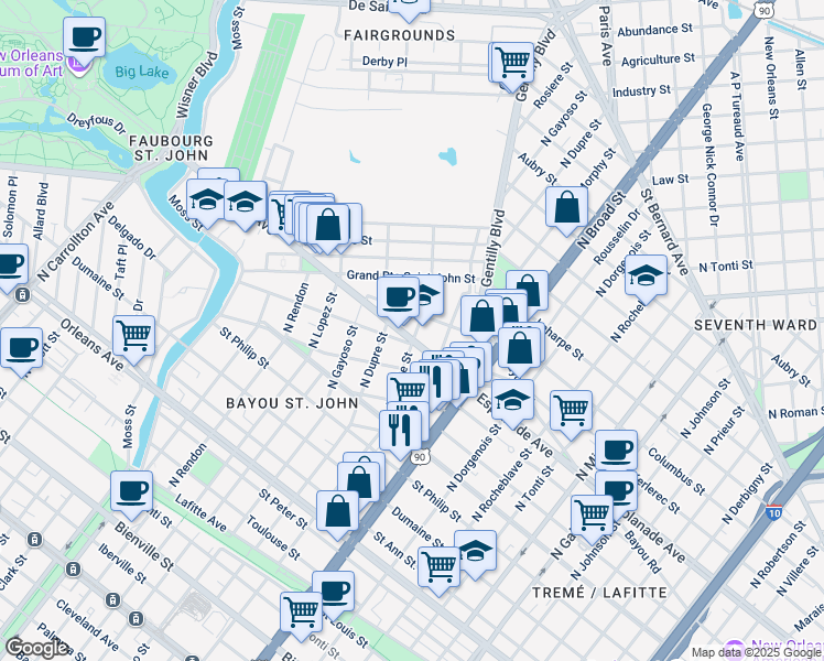 map of restaurants, bars, coffee shops, grocery stores, and more near 1928 Esplanade Avenue in New Orleans