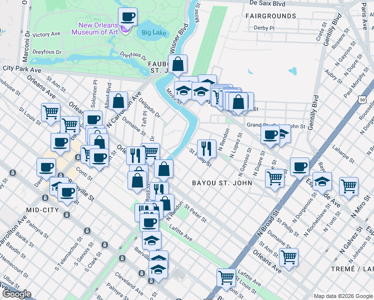 map of restaurants, bars, coffee shops, grocery stores, and more near 924 Moss Street in New Orleans