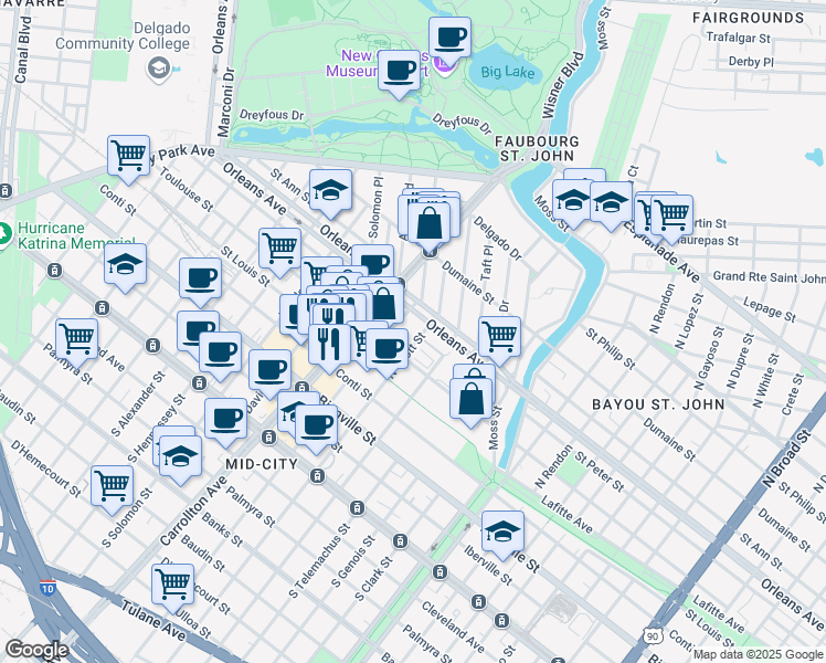 map of restaurants, bars, coffee shops, grocery stores, and more near 629 North Scott Street in New Orleans