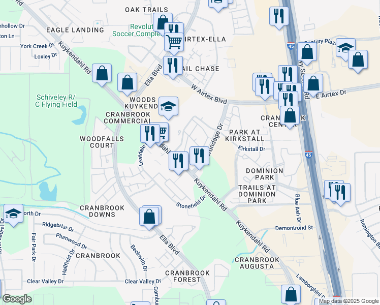 map of restaurants, bars, coffee shops, grocery stores, and more near 13110 Kuykendahl Road in Houston