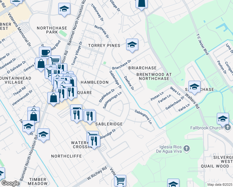 map of restaurants, bars, coffee shops, grocery stores, and more near 13747 Sablesprings Lane in Houston