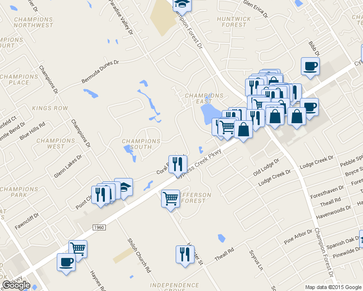 map of restaurants, bars, coffee shops, grocery stores, and more near 6034 Coral Ridge Road in Houston