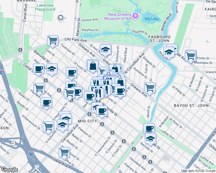 map of restaurants, bars, coffee shops, grocery stores, and more near 510 North Carrollton Avenue in New Orleans