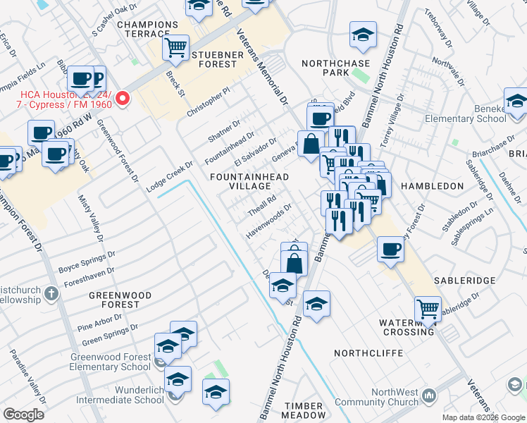 map of restaurants, bars, coffee shops, grocery stores, and more near 4730 Havenwoods Drive in Houston