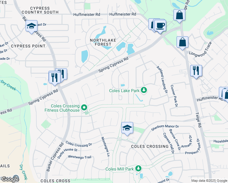 map of restaurants, bars, coffee shops, grocery stores, and more near 13922 Shadydale Road in Cypress