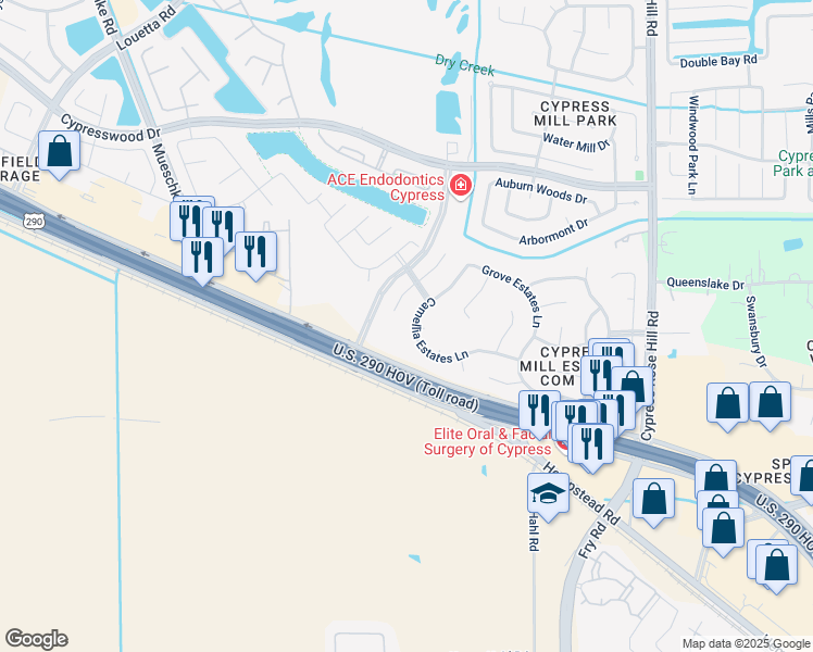map of restaurants, bars, coffee shops, grocery stores, and more near 18427 Camellia Estates Lane in Cypress
