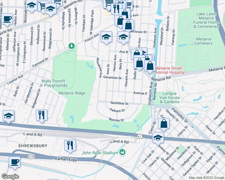 map of restaurants, bars, coffee shops, grocery stores, and more near 601 Hector Avenue in Metairie