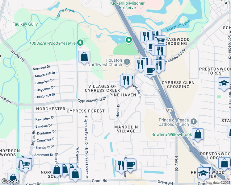 map of restaurants, bars, coffee shops, grocery stores, and more near 10255 Cypresswood Drive in Houston
