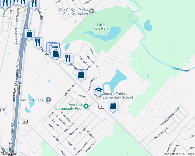 map of restaurants, bars, coffee shops, grocery stores, and more near 1170 Arbor Knot Drive in Kyle