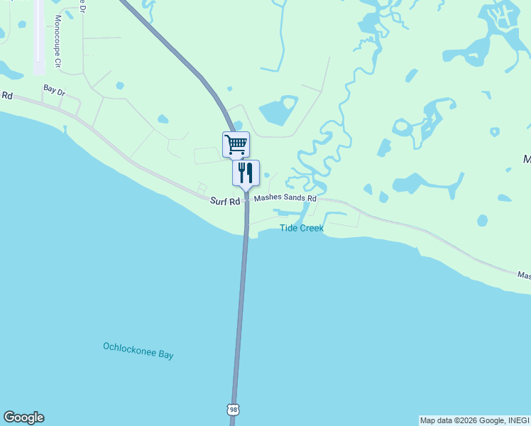 map of restaurants, bars, coffee shops, grocery stores, and more near 9H Mashes Sands Road in Panacea
