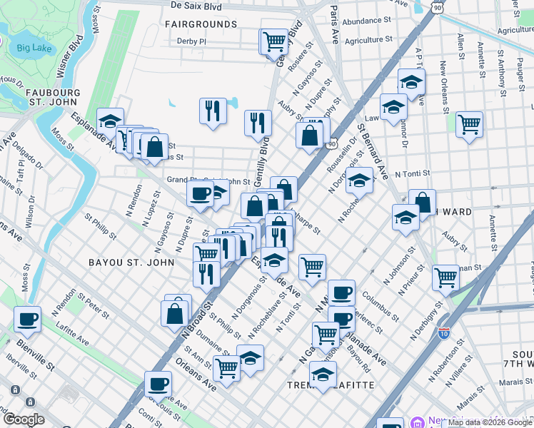 map of restaurants, bars, coffee shops, grocery stores, and more near 2550 Columbus Street in New Orleans