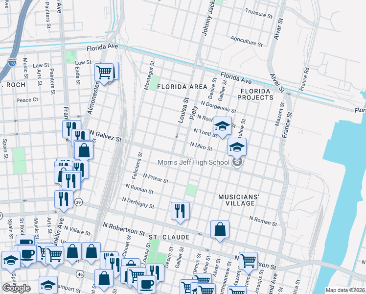 map of restaurants, bars, coffee shops, grocery stores, and more near 3201 North Galvez Street in New Orleans