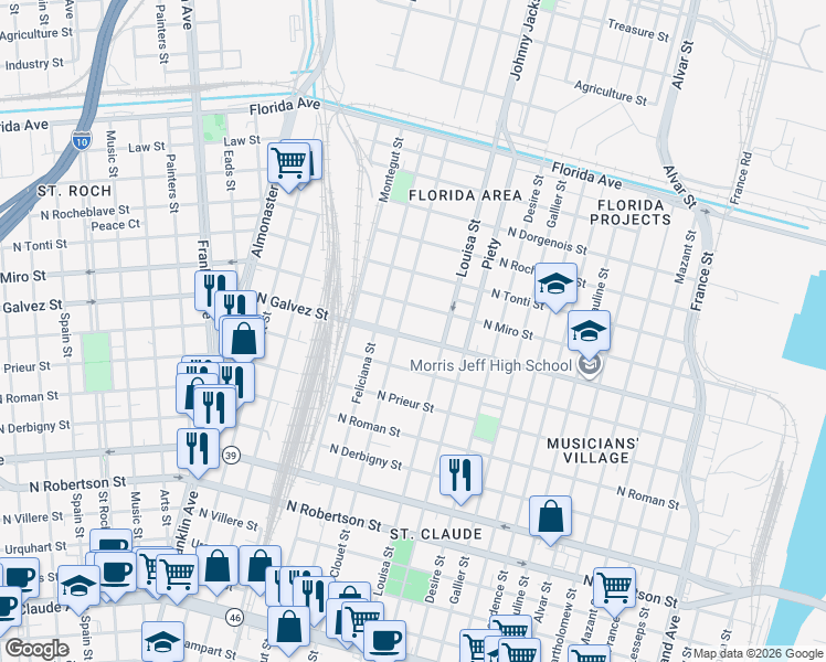 map of restaurants, bars, coffee shops, grocery stores, and more near 3128 North Galvez Street in New Orleans