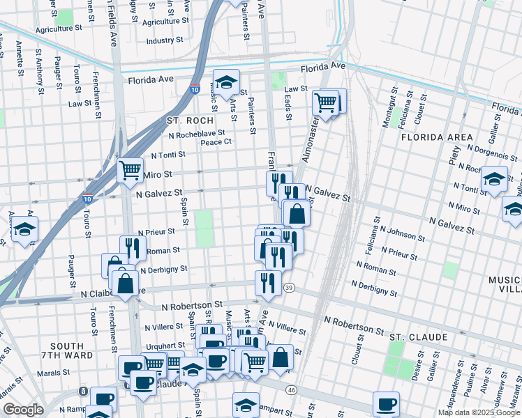 map of restaurants, bars, coffee shops, grocery stores, and more near 1922 Painters Street in New Orleans