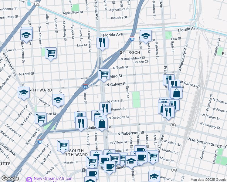 map of restaurants, bars, coffee shops, grocery stores, and more near 2262 North Johnson Street in New Orleans