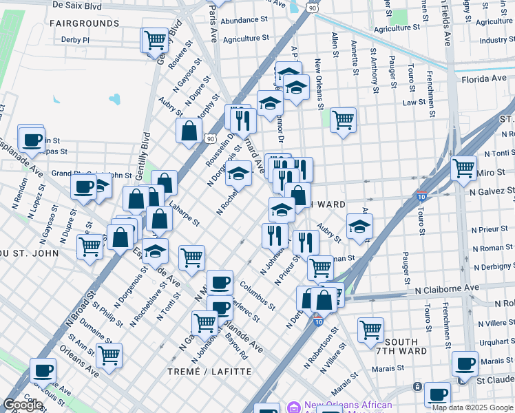 map of restaurants, bars, coffee shops, grocery stores, and more near 2213 Onzaga Street in New Orleans