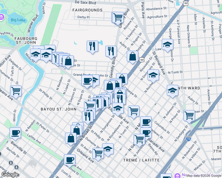 map of restaurants, bars, coffee shops, grocery stores, and more near 2628 Lepage Street in New Orleans