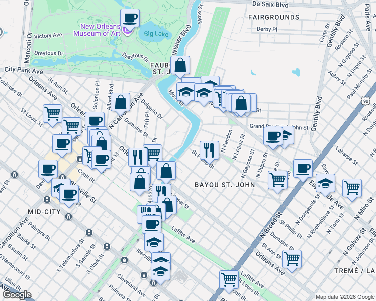 map of restaurants, bars, coffee shops, grocery stores, and more near 924 Moss Street in New Orleans