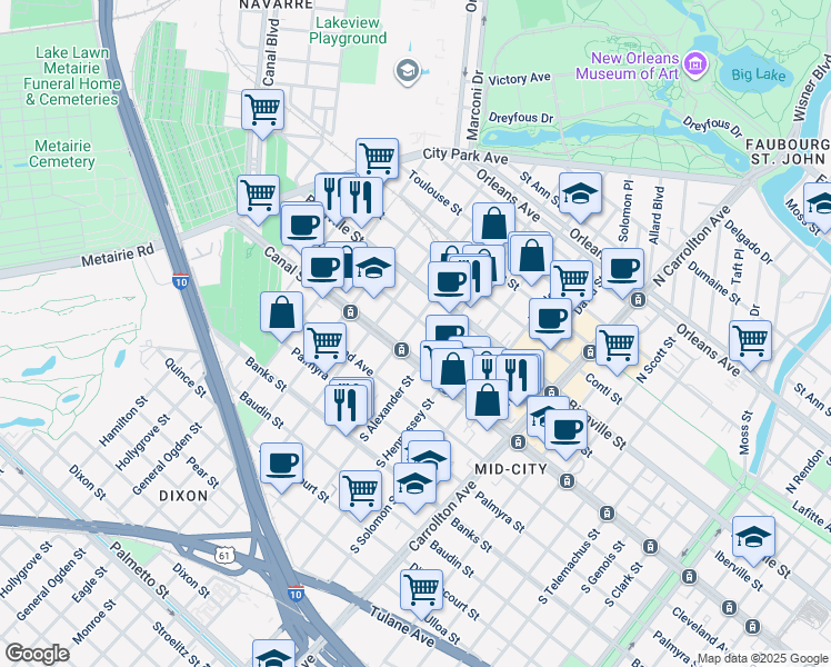 map of restaurants, bars, coffee shops, grocery stores, and more near in New Orleans